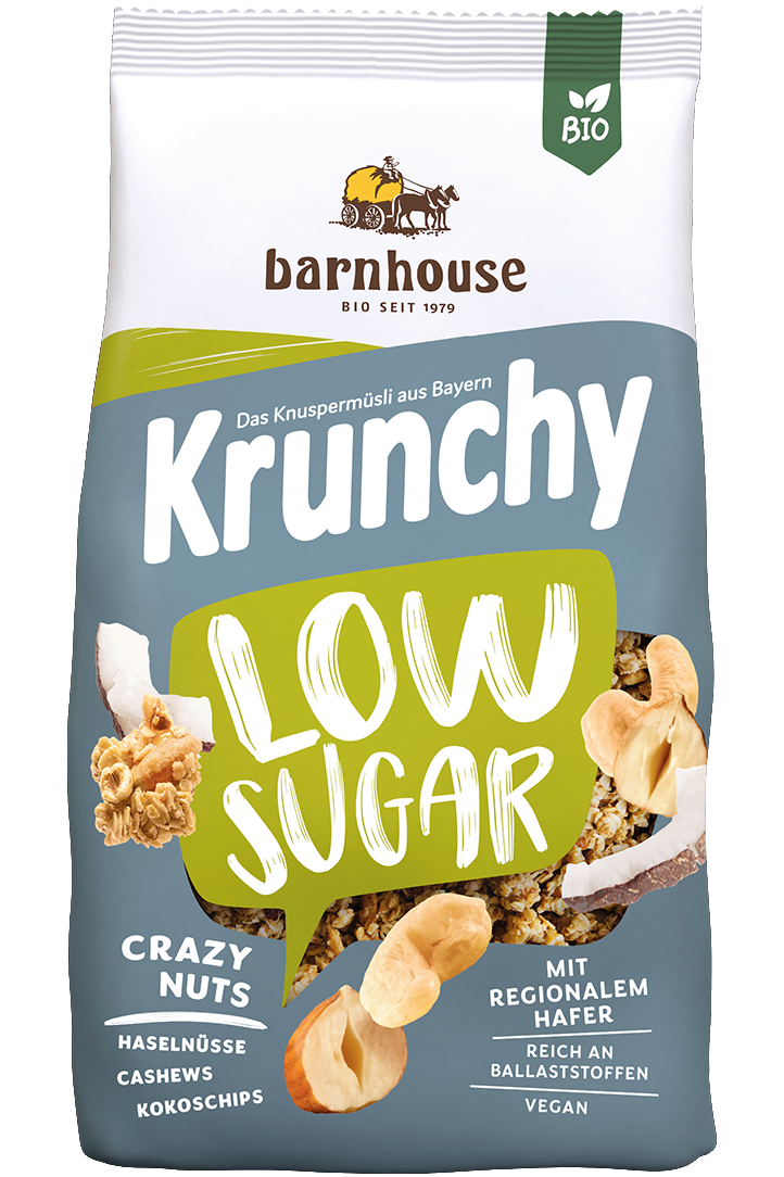 Packshot von Krunchy Low Sugar Crazy Nuts des Bio-Knuspermüsli-Herstellers Barnhouse