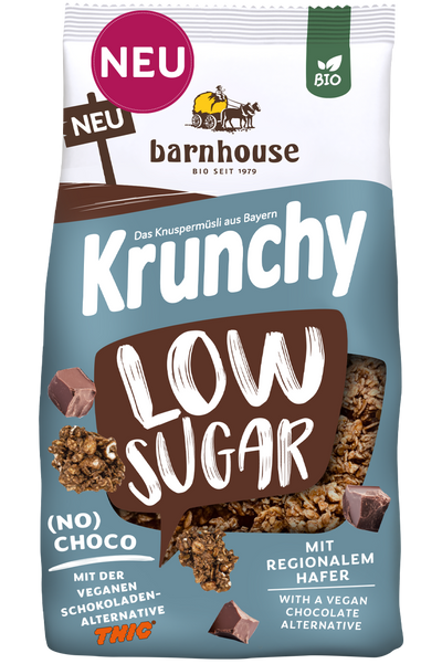 Packshot vom blau-braunen Beutel Krunchy Low Sugar (No) Choco von Bio-Knuspermüsli-Hersteller Barnhouse mit Neu-Button