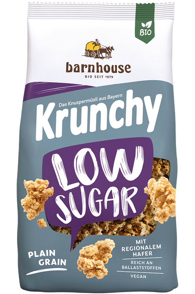 Packshot von Krunchy Low Sugar Plain Grain des Bio-Knuspermüsli-Herstellers Barnhouse