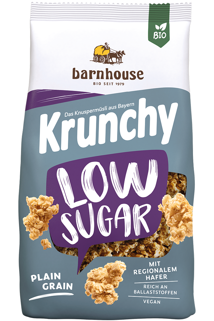 Packshot von Krunchy Low Sugar Plain Grain des Bio-Knuspermüsli-Herstellers Barnhouse