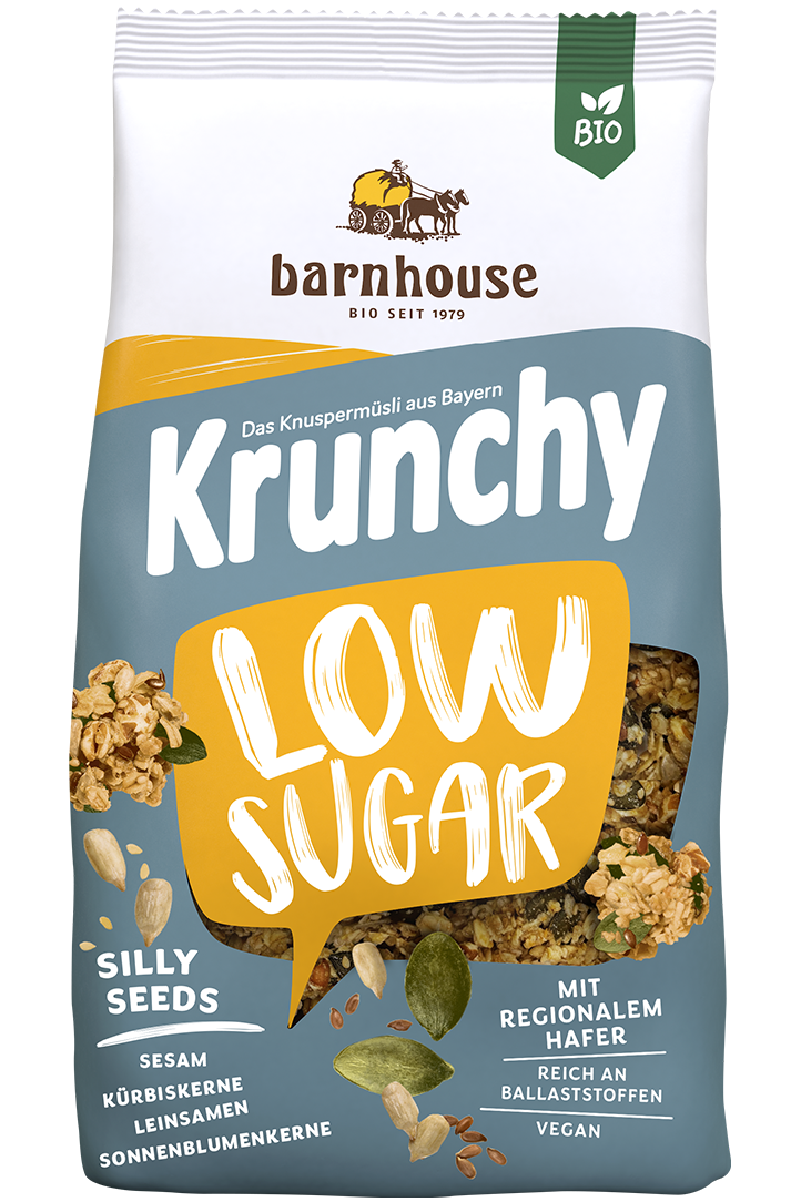 Packshot von Krunchy Low Sugar Silly Seeds des Bio-Knuspermüsli-Herstellers Barnhouse