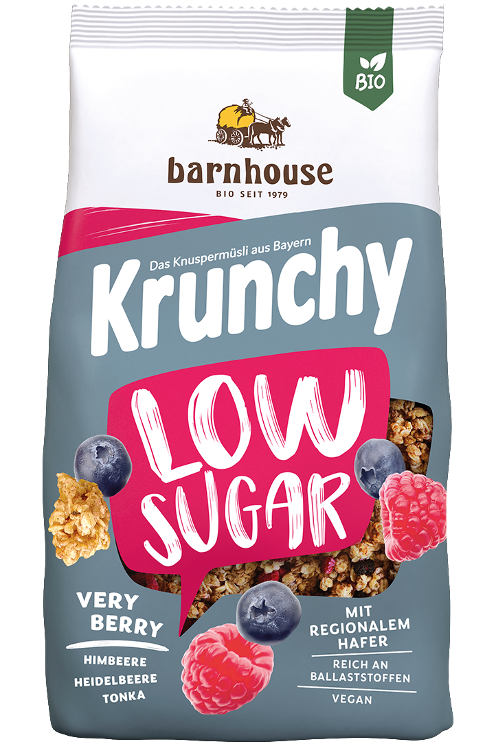 Packshot von Krunchy Low Sugar Very Berry des Bio-Knuspermüsli-Herstellers Barnhouse