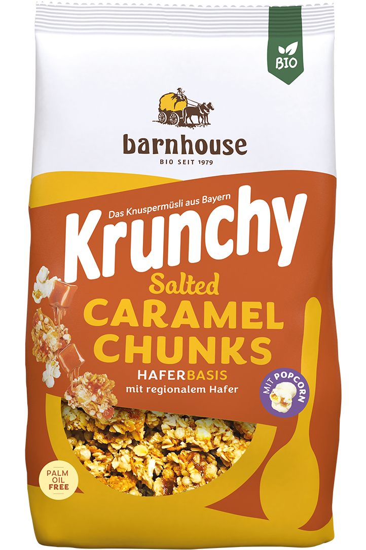 Packshot von Krunchy Salted Caramel Chunks des Bio-Knuspermüsli-Herstellers Barnhouse