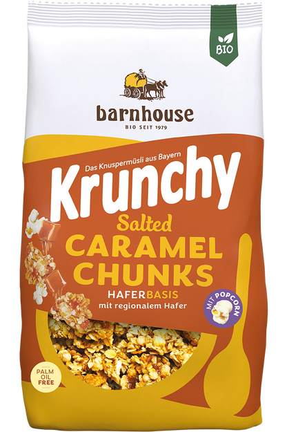 Packshot von Krunchy Salted Caramel Chunks des Bio-Knuspermüsli-Herstellers Barnhouse