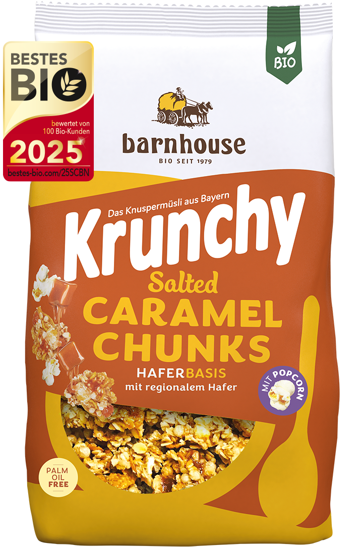 Packshot von Krunchy Salted Caramel Chunks des Bio-Knuspermüsli-Herstellers Barnhouse mit dem Label "Bestes Bio 2025"