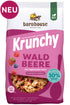 Packshot vom beerenfarbenen Beutel Krunchy Waldbeere weniger Zucker von Bio-Knuspermüsli-Hersteller Barnhouse mit Neu-Button