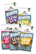 Blick von vorne auf die schräg angeordneten Packshots der fünf Low Sugar Krunchys Plain Grain, Crazy Nuts, Very Berry (No) Choco und Silly Seeds von Bio-Knuspermüsli-Hersteller Barnhouse.