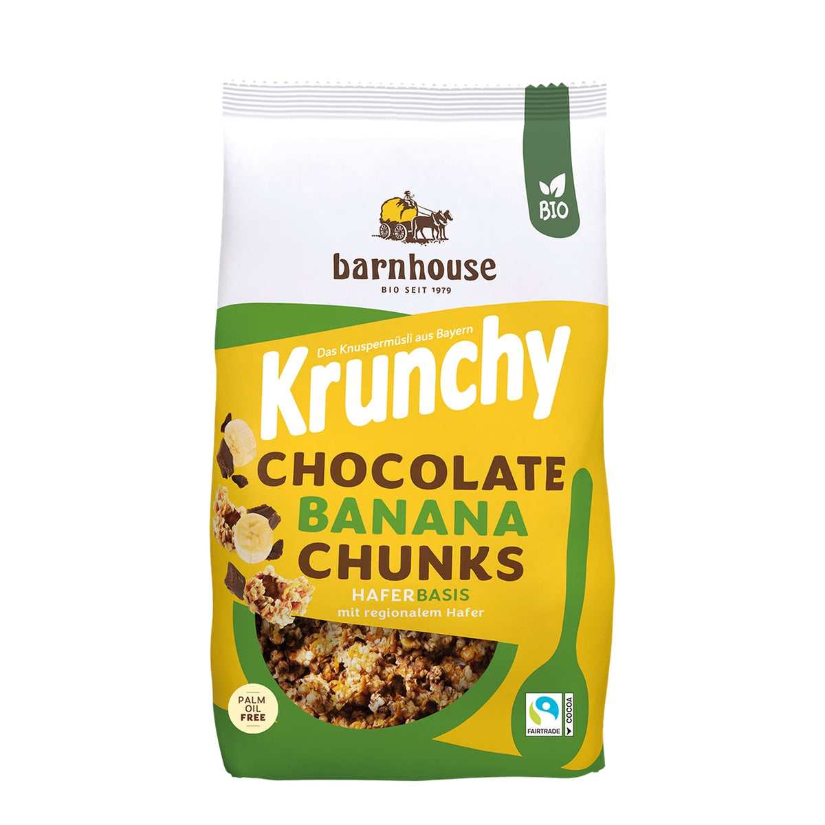 Packshot von Krunchy Chocolate Banana Chunks des Bio-Knuspermüsli-Herstellers Barnhouse