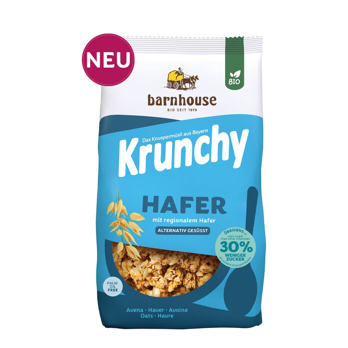 Packshot vom blauen Beutel Krunchy Hafer weniger Zucker von Bio-Knuspermüsli-Hersteller Barnhouse mit Neu-Button