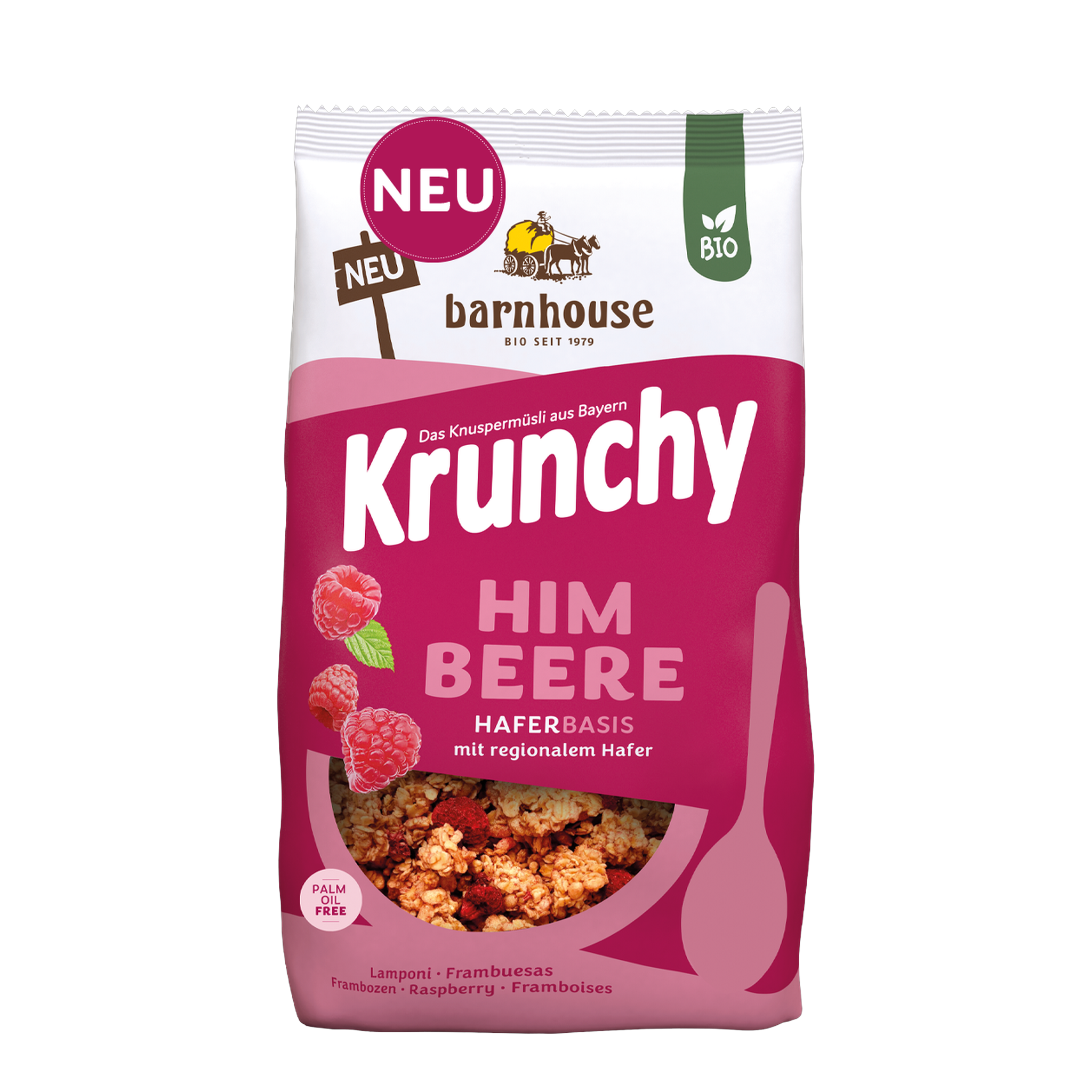 Packshot vom beerenfarbenen Beutel Krunchy Himbeere von Bio-Knuspermüsli-Hersteller Barnhouse mit Neu-Button