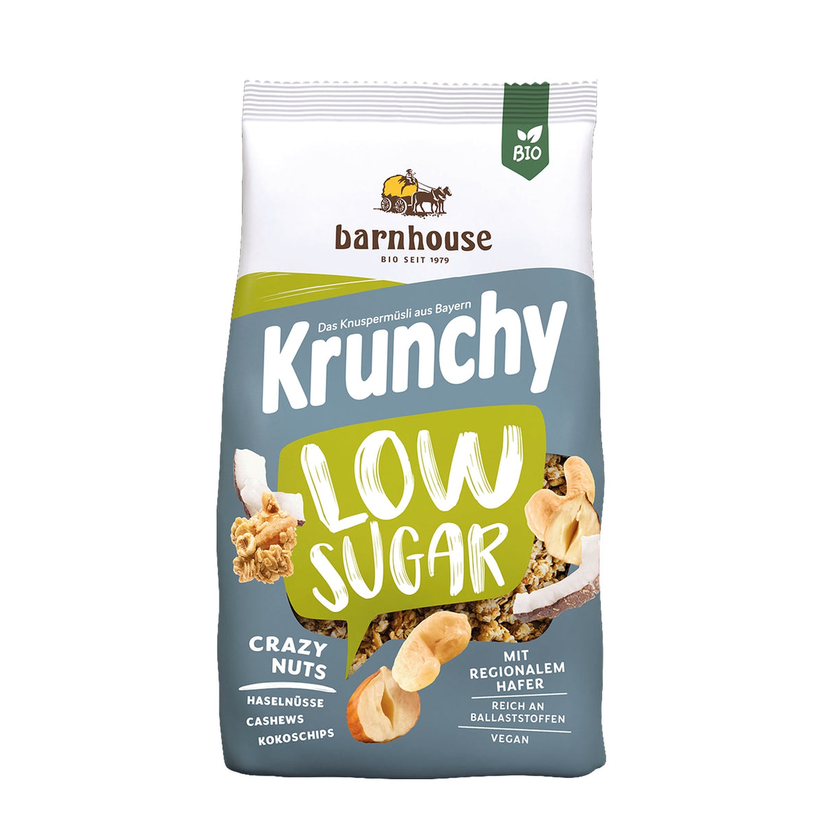 Packshot von Krunchy Low Sugar Crazy Nuts des Bio-Knuspermüsli-Herstellers Barnhouse