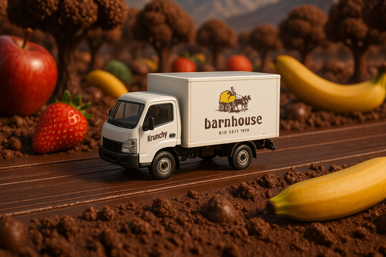Weißer Lieferwagen mit Barnhouse-Logo und Krunchy-Aufschrift, der auf einer braunen Schoko-Straße durch eine schokoladige Landschaft mit braunen Bäumen, Äpfeln, Bananen und Erdbeeren fährt.